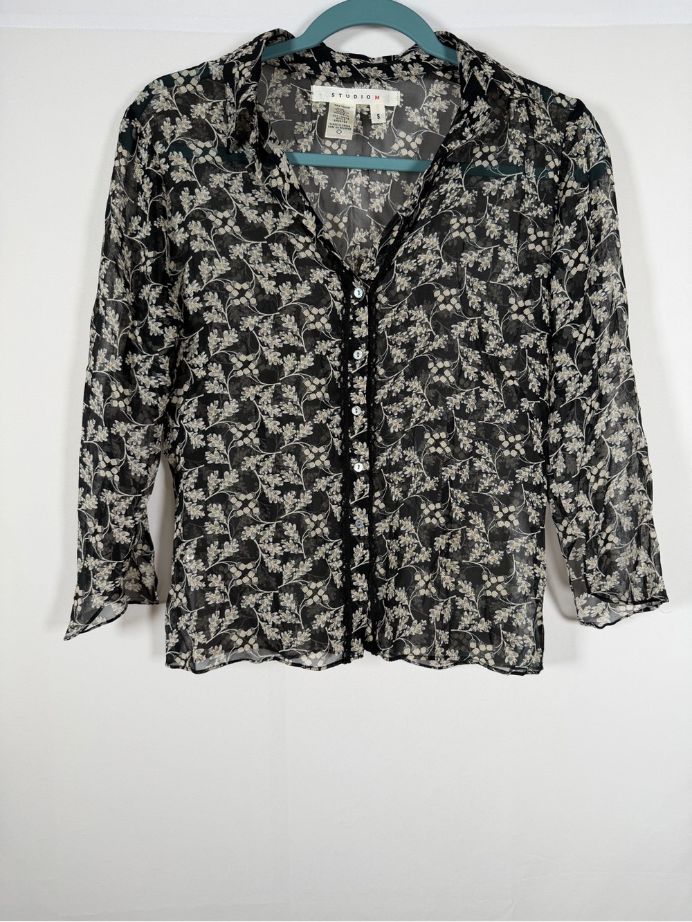 Vintage Y2K Whimsigoth Fairy Silk Black Floral Leaves Sheer Button-Front Blouse